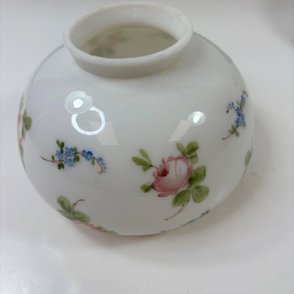 Vintage White Floral Glass Lamp Shade Globe Pink Roses  Blue Flowers  7" Diamete - Picture 1 of 10
